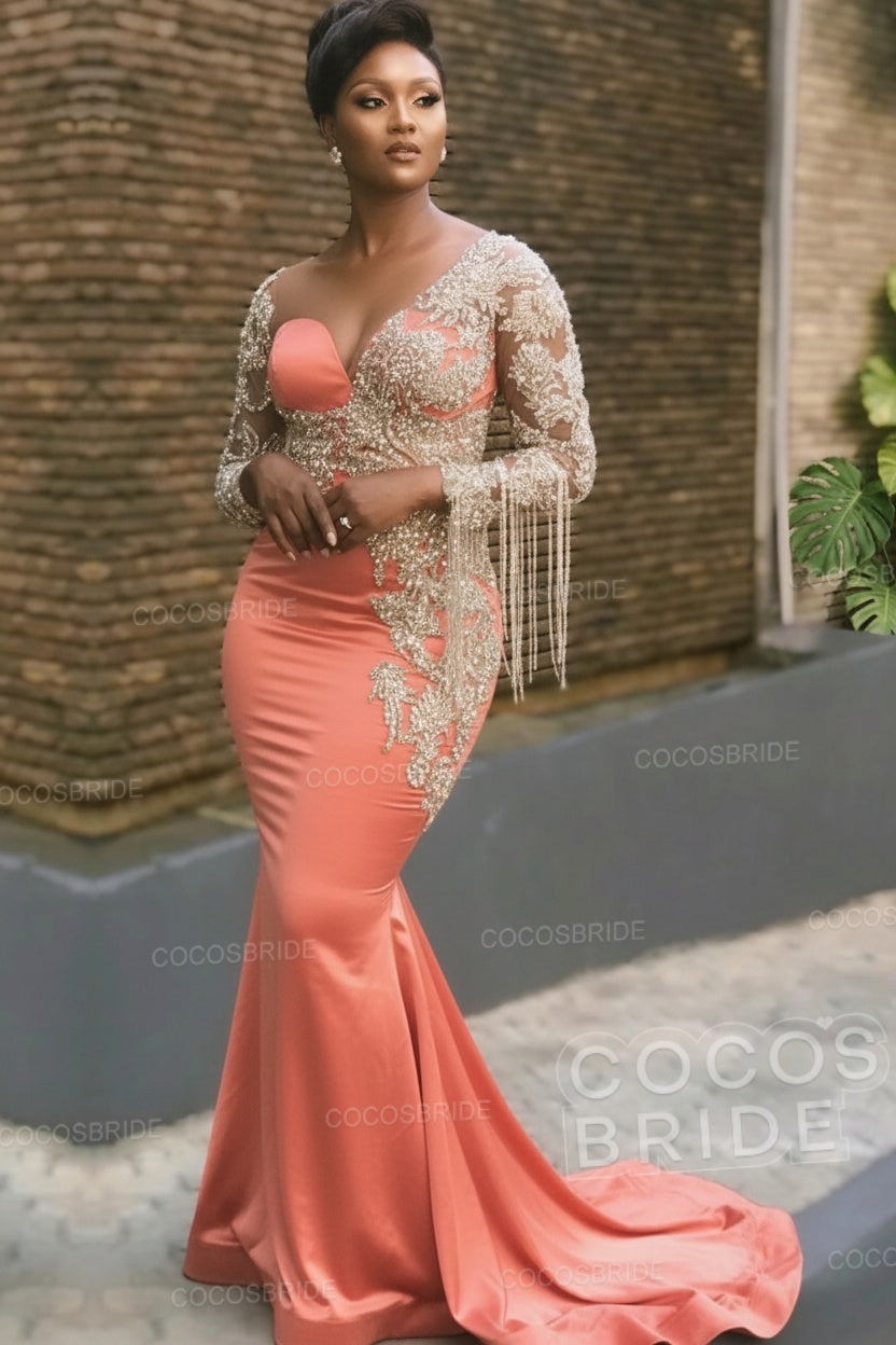 Long Mermaid Appliques One Shoulder Floor Length Formal Evening Dress