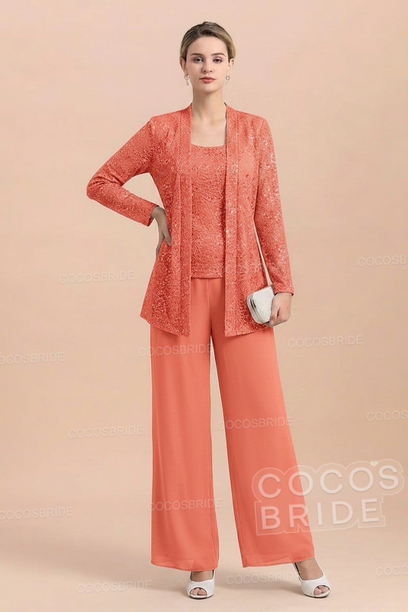 Long Sequined Chiffon Pantsuits for the Mother of the Bride with Jacket
