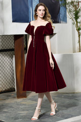 Burgundy Velvet A-line V-neck Short Formal Evening Dress with Bubble Sleeve