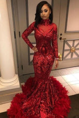 Long Mermaid High Neck Sequined Prom Dress with Sleeves
