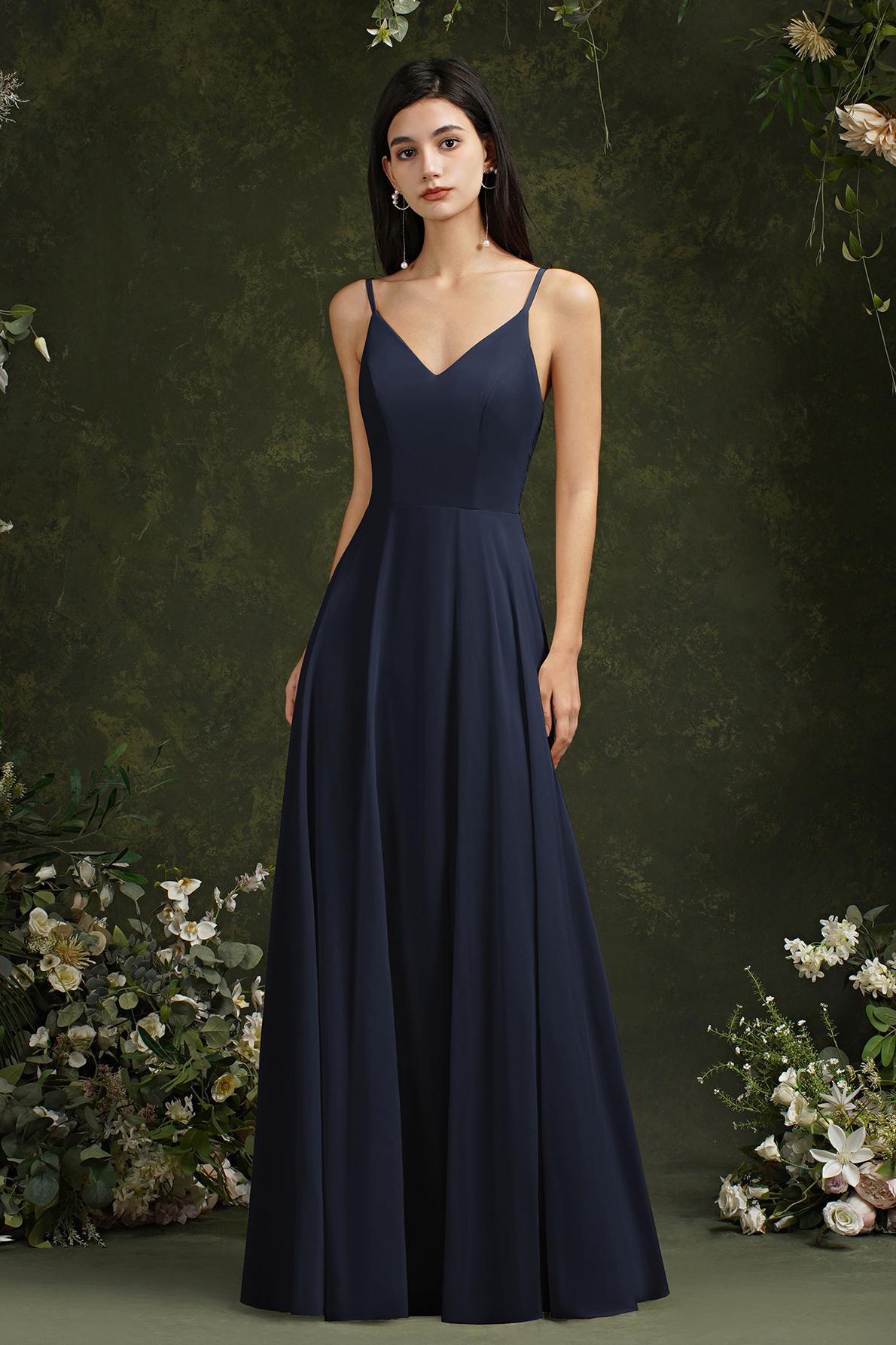 Long A-line Spaghetti Straps V-neck Floor Length Chiffon Formal Evening Dress