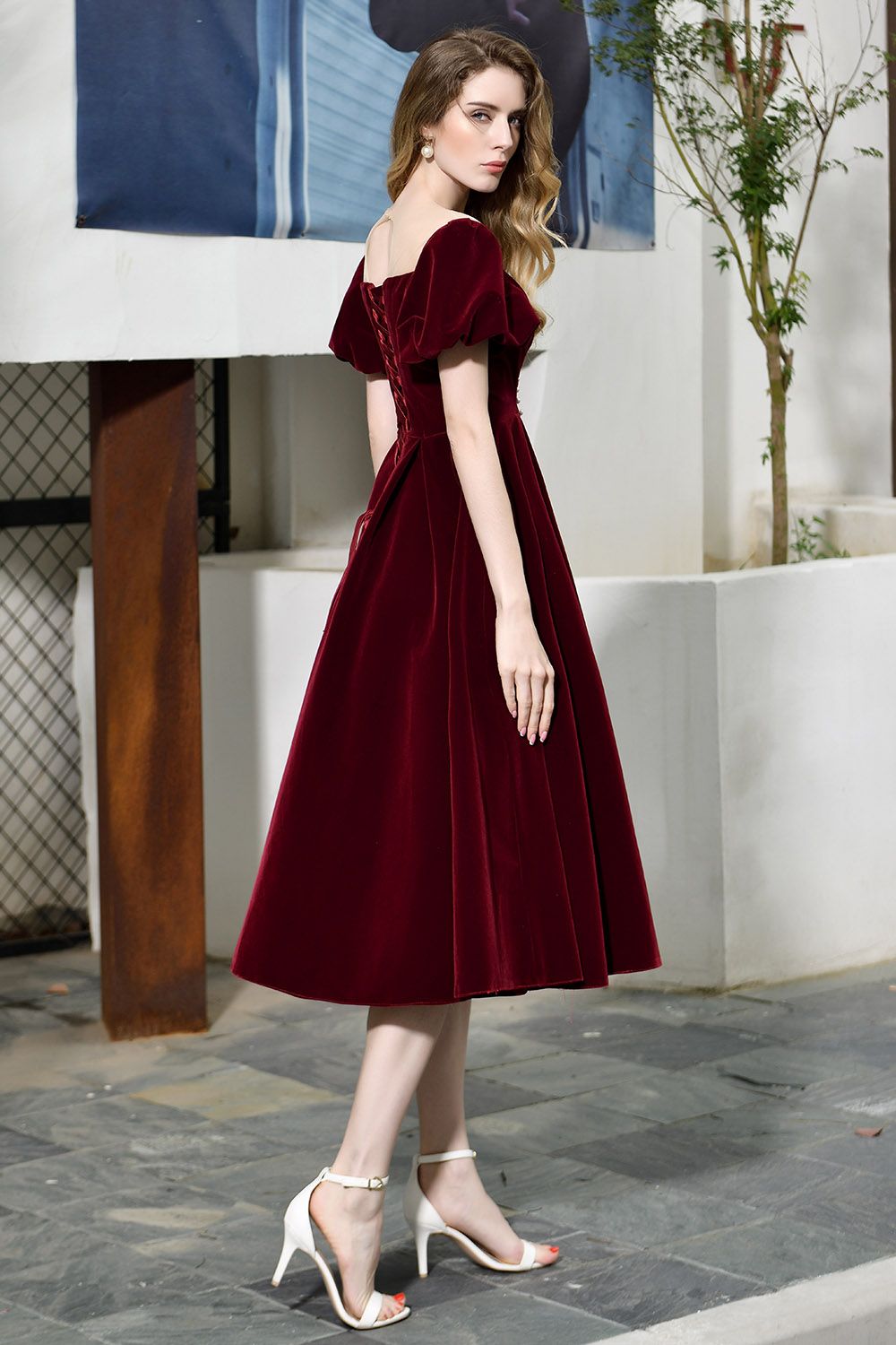 Burgundy Velvet A-line V-neck Short Formal Evening Dress with Bubble Sleeve