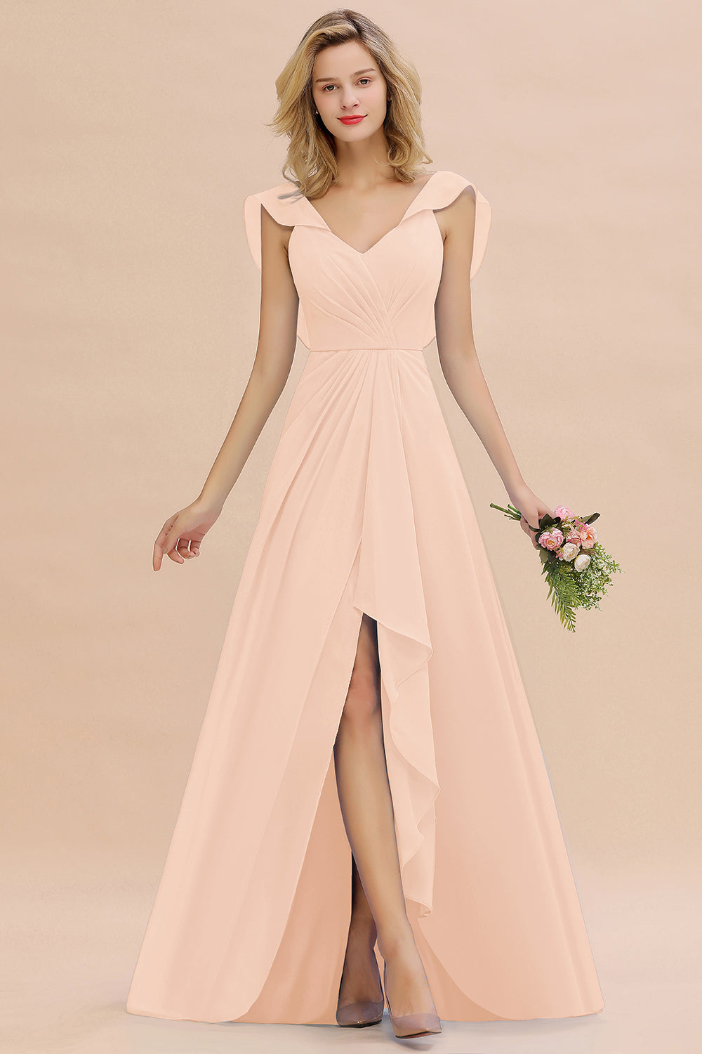 Simple High Low A-line V-Neck Ruffles Chiffon Bridesmaid Dress