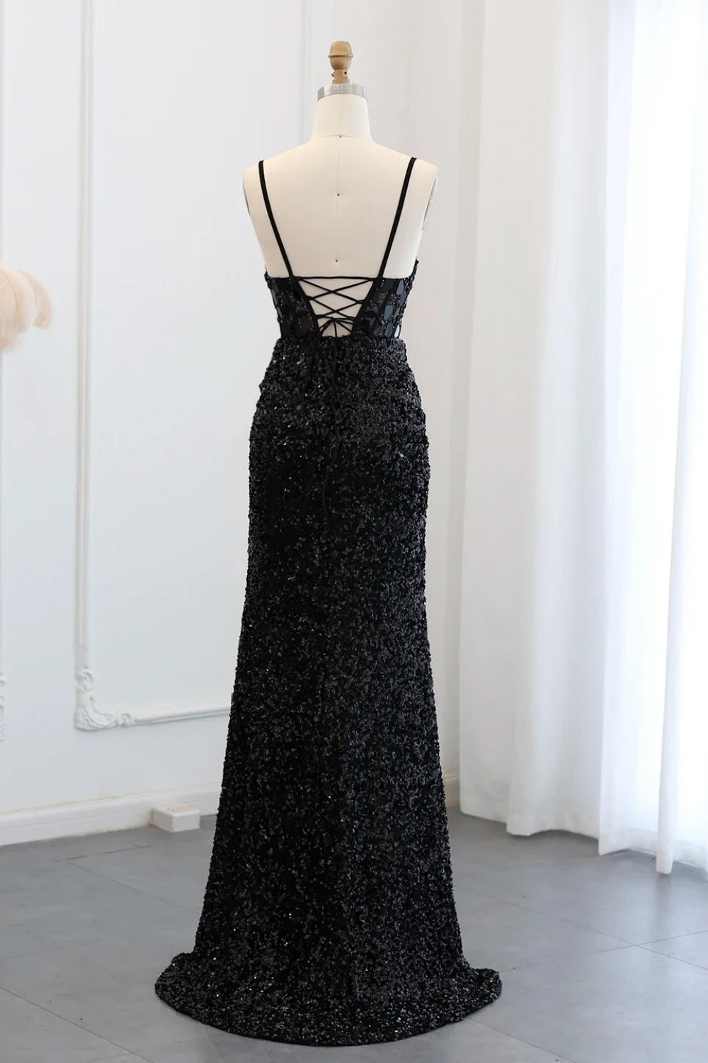 Sparkly Spaghetti Straps Mermaid Backless Split Front Prom Dress with Sequins