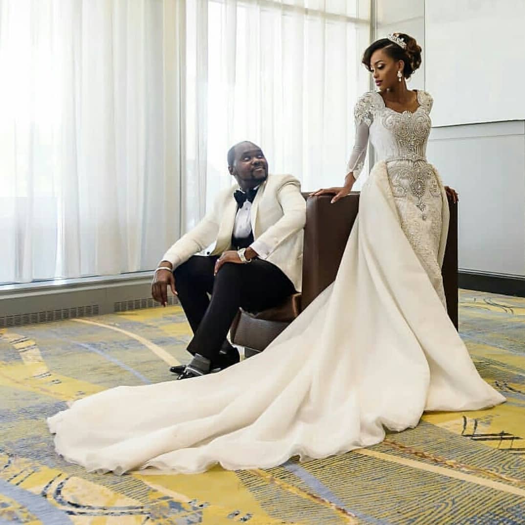 Long Mermaid Beads Lace Appliques Long Sleeve Wedding Dresses with Overskirt