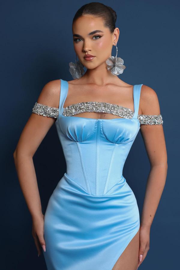 Long Mermaid Off the Shoulder Satin Prom Dresses with Slit