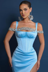 Long Mermaid Off the Shoulder Satin Prom Dresses with Slit