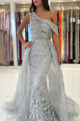 Silver Long Mermaid One Shoulder Glitter Tulle Formal Prom Dresses
