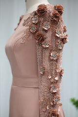 Long Sleeves Mermaid Satin Flower Beadings Formal Evening Dresses with Sweep Train