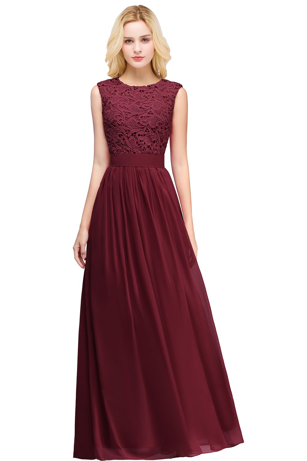 Long A-line Sleeveless Floor Length Lace Chiffon Bridesmaid Dresses