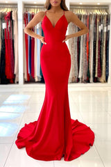 Simple Long Mermaid V-neck Open Back Spaghetti Straps Prom Dresses