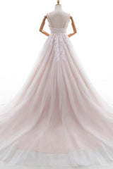 Long V-neck Appliques Lace Spaghetti Strap A-line Wedding Dress