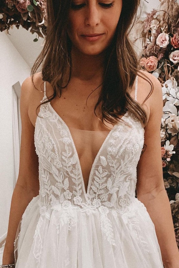 Simple Long A-line V-neck Lace Tulle Open Back Wedding Dress with slit