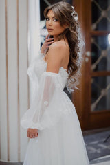 Elegant Mermaid Strapless Tulle Lace Long Appliques Wedding Dress with Sleeves