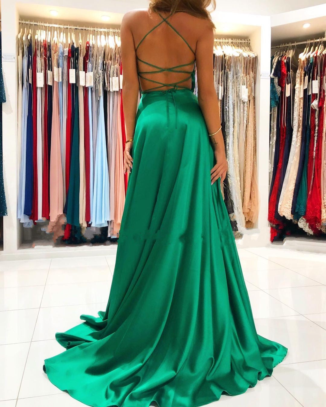 Long A-line V-neck Spaghetti Straps Backless A-Line Prom Dress With Split