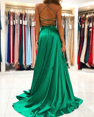 Long A-line V-neck Spaghetti Straps Backless A-Line Prom Dress With Split