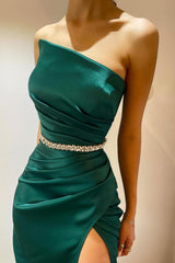 Long Mermaid Spaghetti Straps Sleeveless Floor Length Satin Prom Dresses with Slit