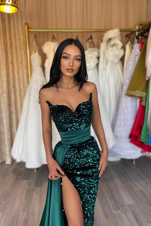 Dark Green Mermaid Sequin Sweetheart Long Prom Dress with Split Side