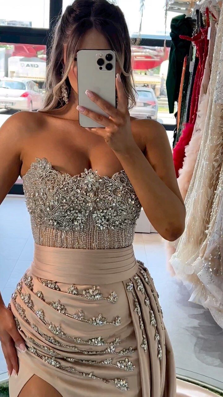 Long Mermaid Strapless Satin Beaded Prom Dress with Slit