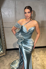 Sexy Long Mermaid Sweetheart Shoulder Open Back Satin Prom Dress with Split Side