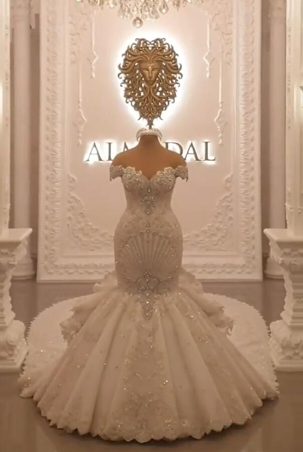 Gorgeous Long Off the Shoulder Crystal Floor Length Backless Mermaid Wedding Dresses