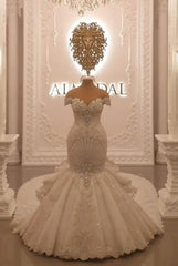 Gorgeous Long Off the Shoulder Crystal Floor Length Backless Mermaid Wedding Dresses
