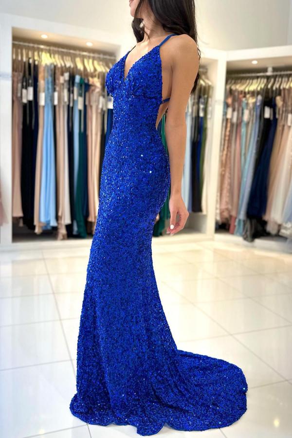 Royal Blue Long Mermaid V-neck Backless Sequined Formal Prom Dresses