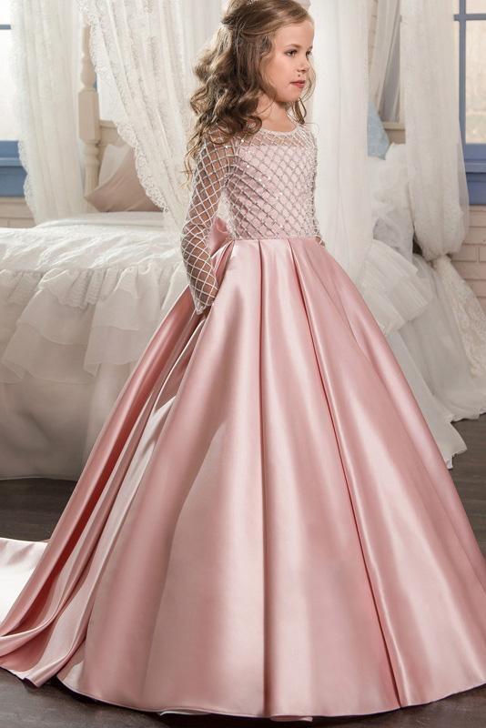Scoop Neck Long Sleeves Ball Gown Flower Girl Dress with Pockets