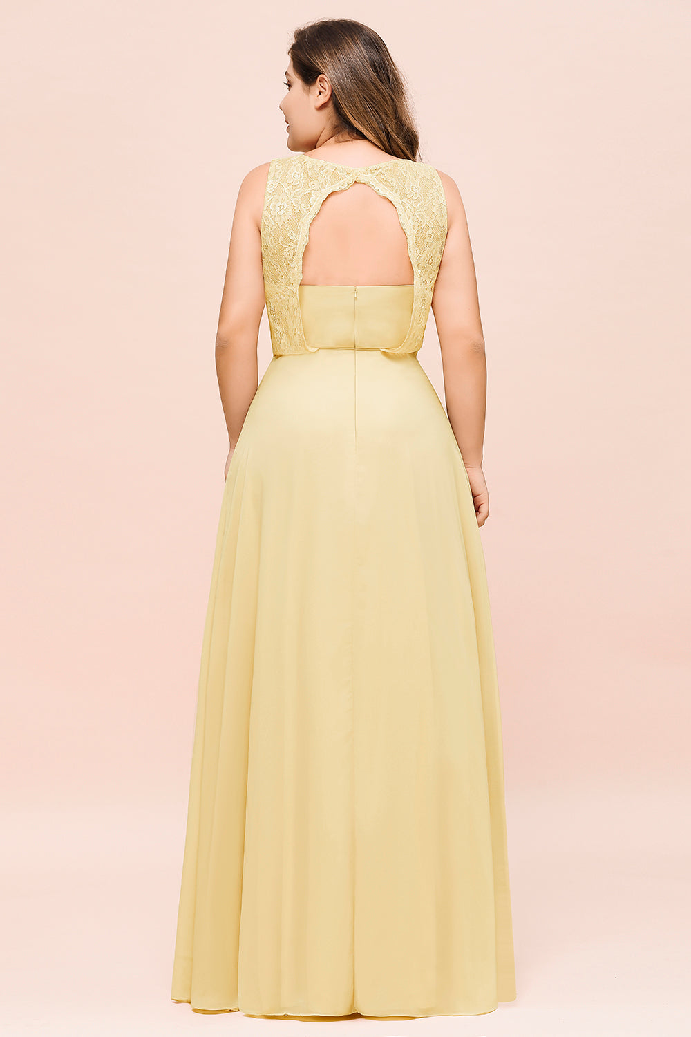 Long Plus Size Chiffon Jewel Daffodil Bridesmaid Dress with Lace