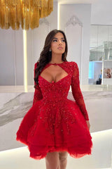 Sexy A-line Sweetheart Tulle Short Beading Party Dress with Long Sleeves