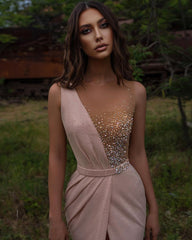 Long Mermaid V-neck Beading Floor Length Ruffles Prom Dress With Slit