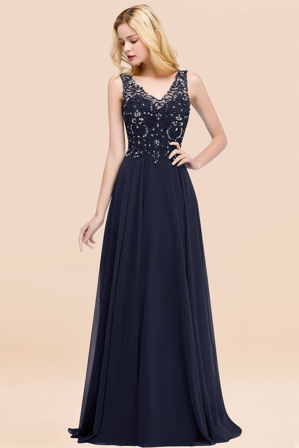 A-line Chiffon Appliques V-neck Sleeveless Floor Length Bridesmaid Dresses with Crystals