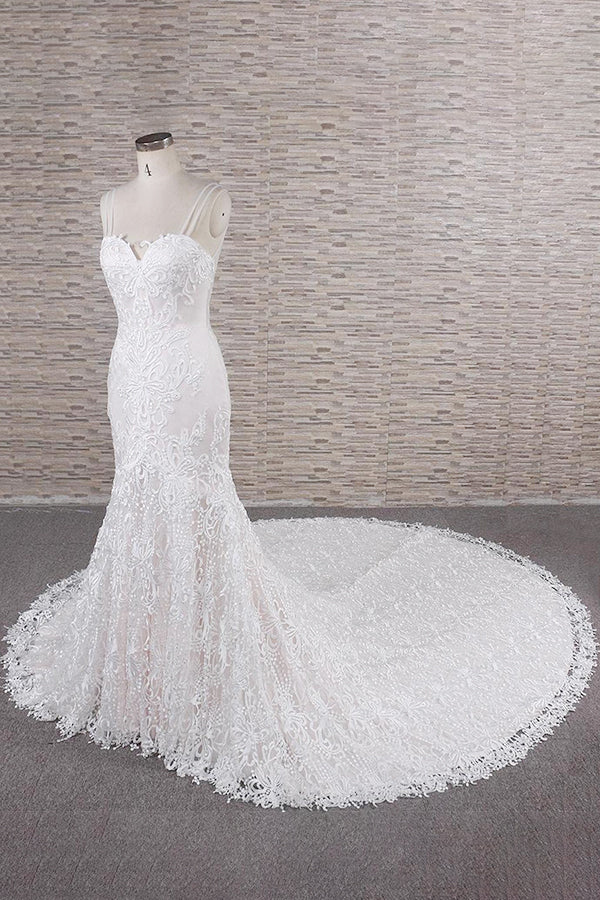 Chic Long Spaghetti Strap Appliques Lace Mermaid Wedding Dress