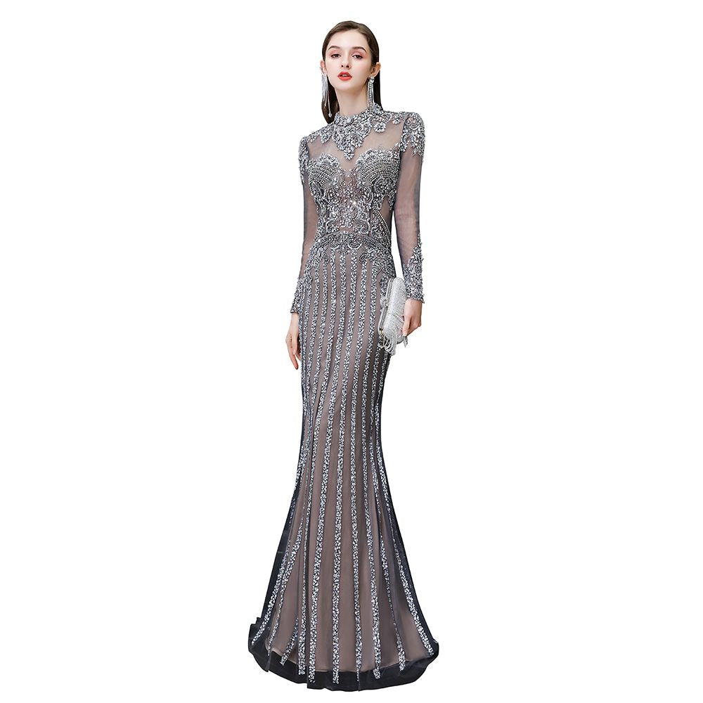 Long Sleeve Mermaid Sequins High-Neck Evening Dress
