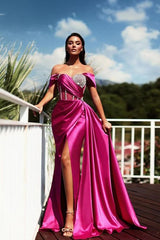 Stunning Long Mermaid Off the Shoulder Satin Evening Party Prom Dress with Slit