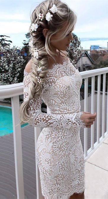 Simple Short Mermaid Lace Homecoming Dresses with Long Sleeves