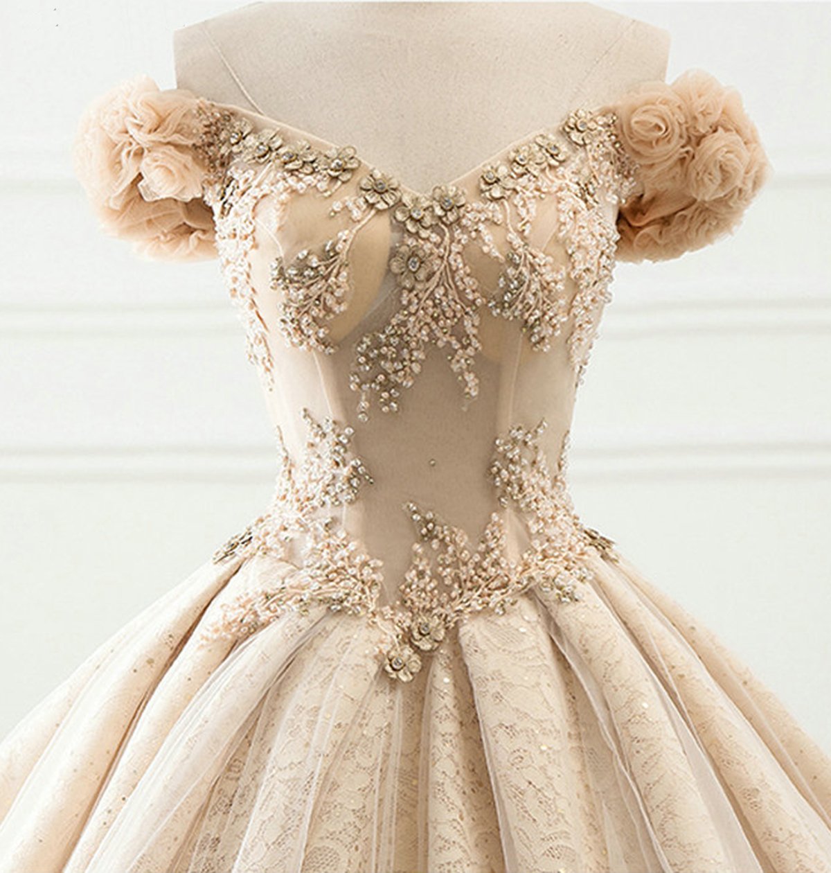 Ball Gown Long Champagne Lace Off Shoulder Court Train Beaded Wedding Dress