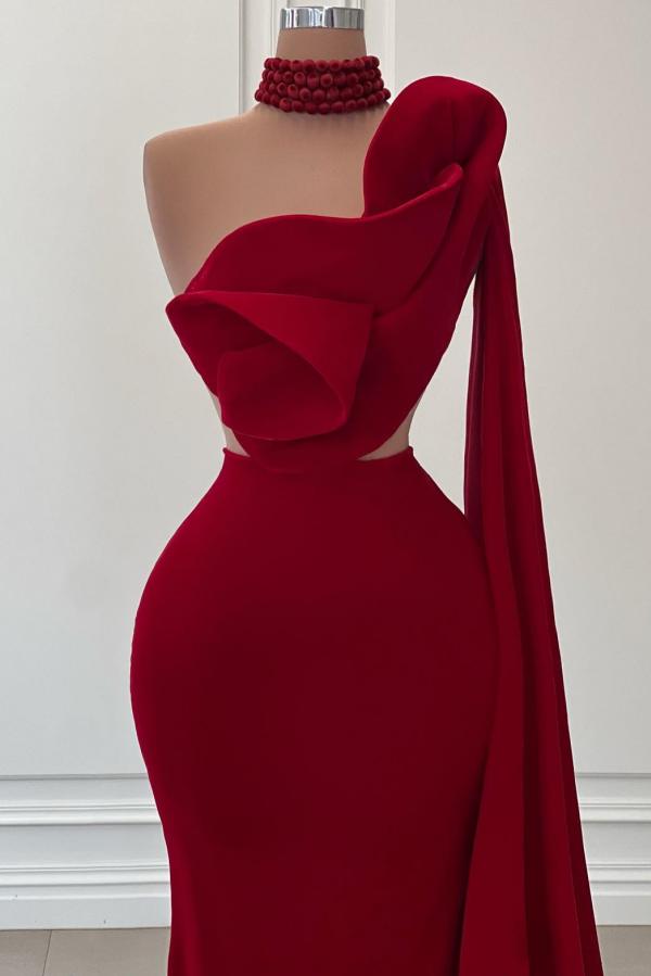 Burgundy Long Mermaid One Shoulder Satin Prom Dress with Flowers