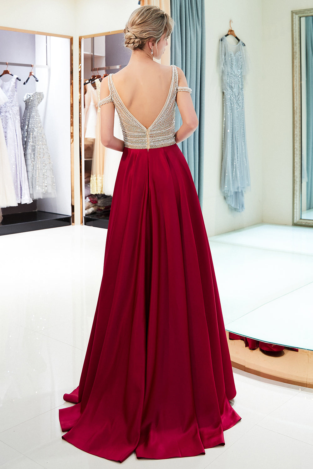 Long V-neck Satin A-line Beaded Formal Evening Dress