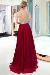 Long V-neck Satin A-line Beaded Formal Evening Dress