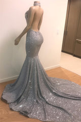Long Halter Sequined Mermaid Open Back Prom Dress