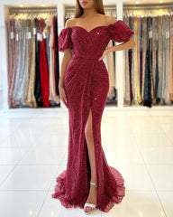 Elegant Long Mermaid Off the Shoulder Sequined Prom Dress with Slit