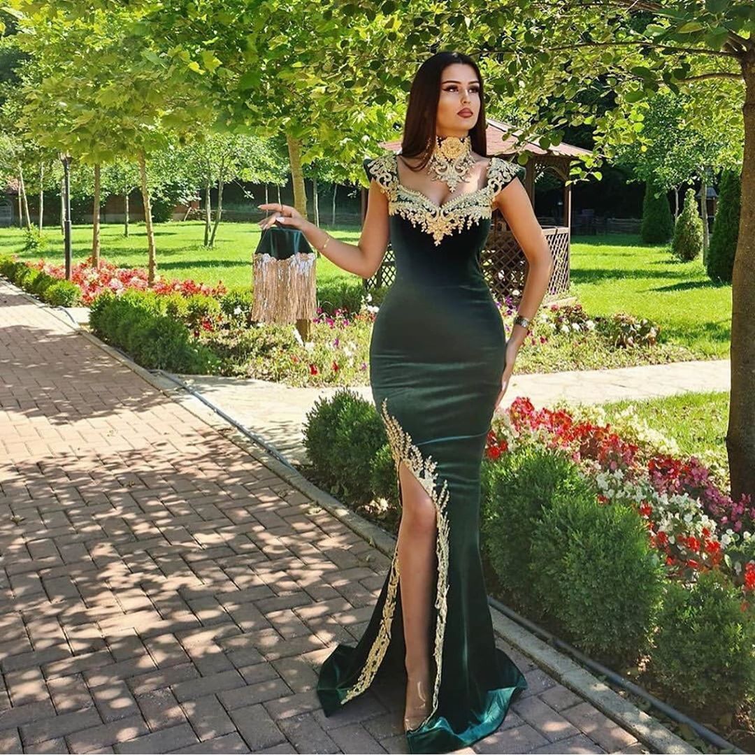 Long Mermaid Dark Green Velvet Formal Evening Dresses with Gold Lace appliques