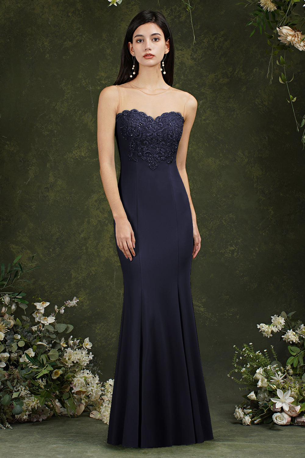 Stunning Long Mermaid Bateau Appliques Lace Ruffles Formal Dress