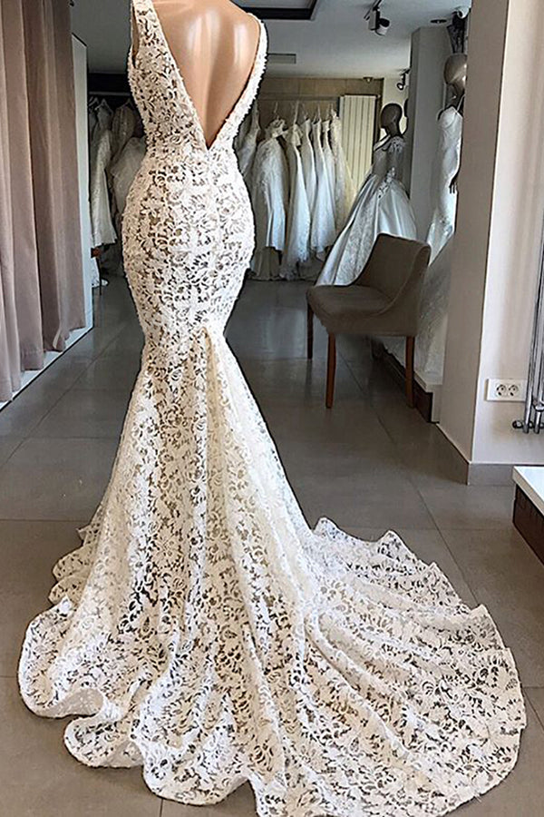 Vintage Long V-neck Mermaid Lace Backless Wedding Dresses