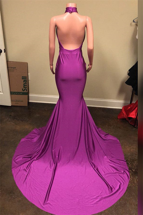 Long Halter Satin Beaded Mermaid Prom Dress
