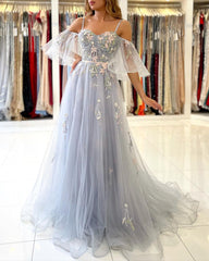 Elegant Long A-line Off the Shoulder Tulle Floral Lace Formal Prom Dress
