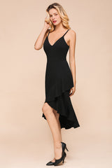 Simple High Low Ruffle Backless Mermaid Black Party Dress