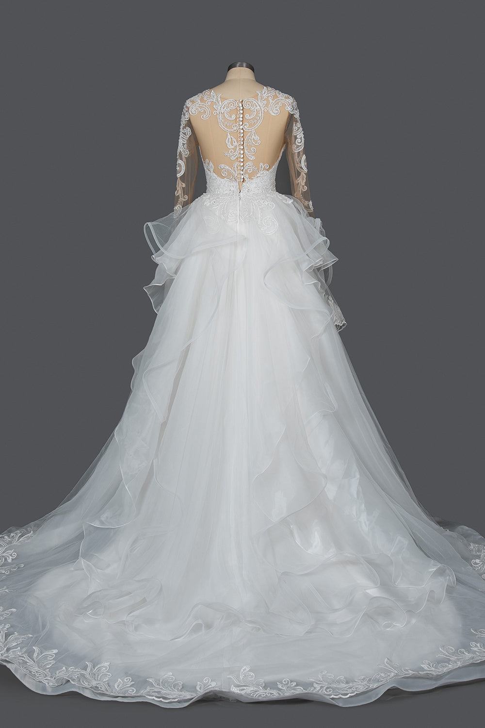Long Tulle Lace Appliques Ruffles Ball Gown Wedding Dresses with Long Sleeve