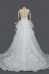 Long Tulle Lace Appliques Ruffles Ball Gown Wedding Dresses with Long Sleeve